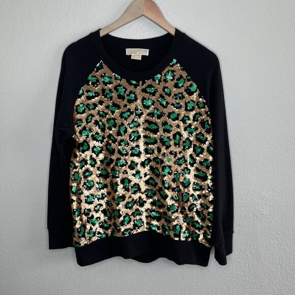 Michael Michael Kors Sequin Gold and Green Leopard Print Black Sweatshirt 0X - Picture 2 of 10